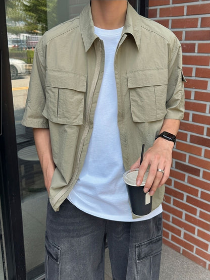雙口袋短袖工裝襯衫